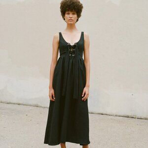 Mara Hoffman SIZE 12 Black Organic Linen Lace Up Midi Dress Front Tie